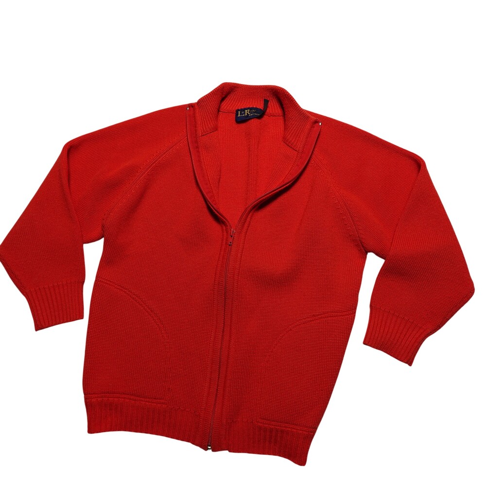 Vintage LeRoy Sweater Cardigan Womens L Red Acrylic Mock Neck Full Zip Pockets